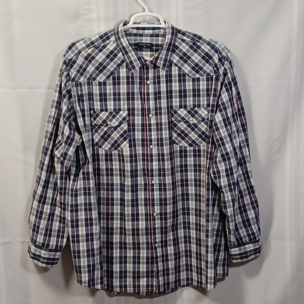 Double Pump Shirt Mens 3XL Blue Plaid Western Pearl Snap Long Sleeve Cotton